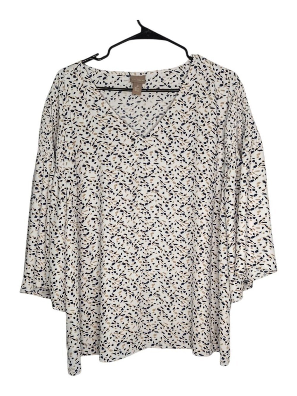 Chicos Womens Top Size 4 Or XXL White Tan Black Confetti 3/4 Sleeve V-Neck